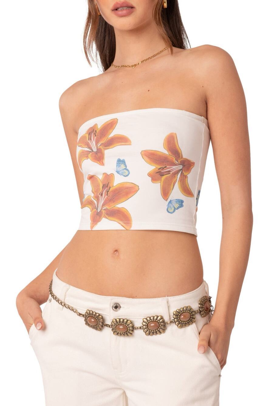 Y2K Style Edikted Tiger Lily Print Cotton Tube Top Floral Summer Tube Top M